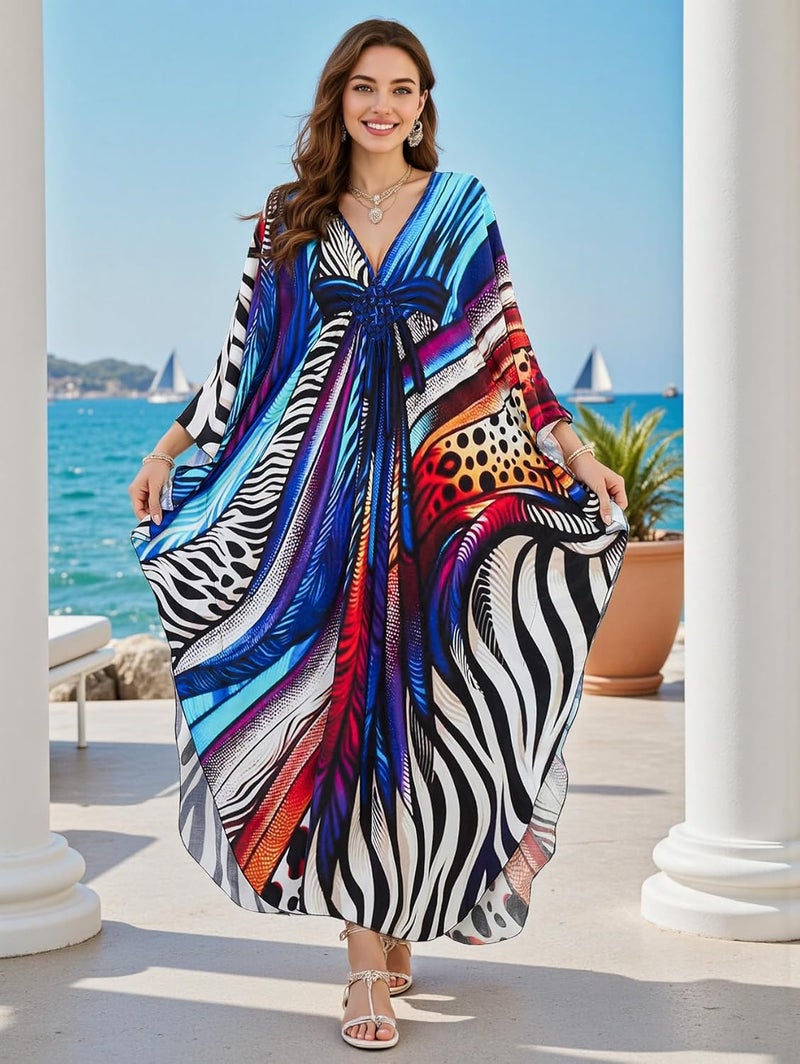 IMAGEKOPE Women's Plus Size Animal Print V-Neck Batwing Kaftan Beach Dress Bathing Suit Cover-Up Loungewear - Image 2